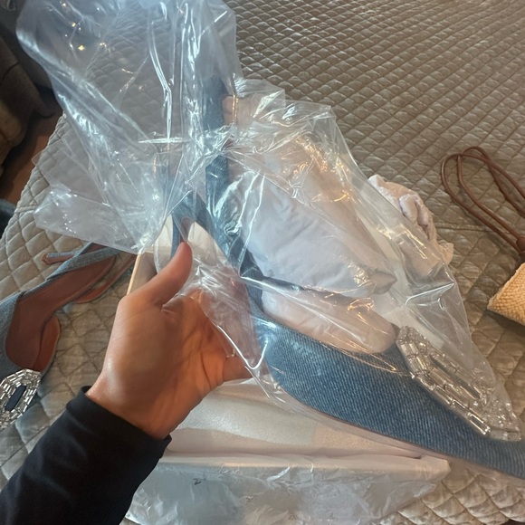 Amina Muaddi Blue Camelia 105 Slingback Pumps - Picture 10 of 12